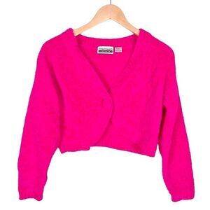 Vintage 80’s Chenille Cropped Knit Cardigan Sweater Hot Pink Barbiecore size M
